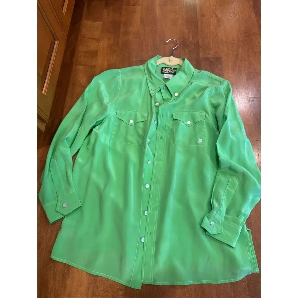 Bob Mackie Wearable Art 100% Silk Western Pearl Snap Green Blouse Shirt Women’s